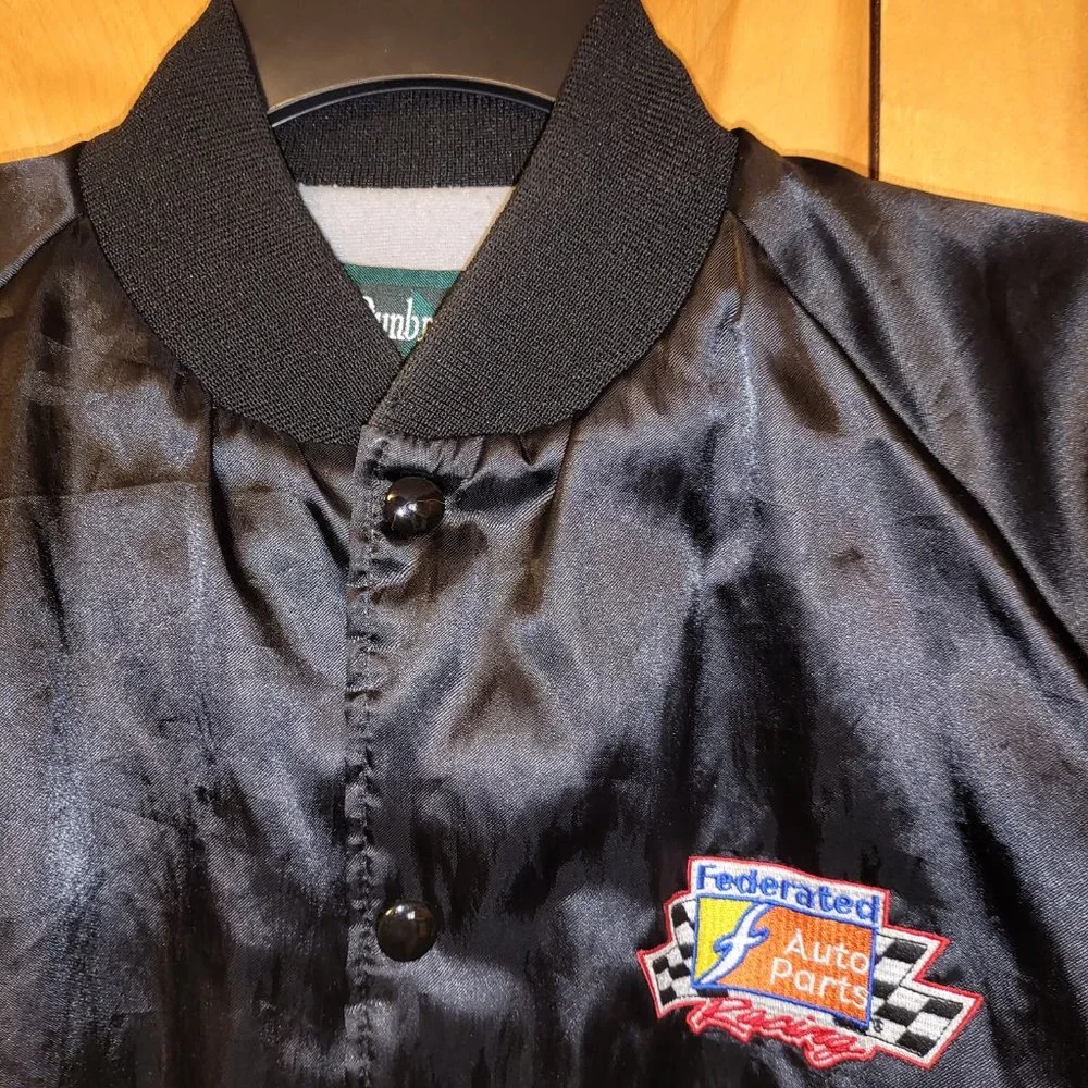 Vintage Federated Auto Parts Racing Jacket LARGE Snap Button BLACK Satin look A1 - Picture 2 of 8
